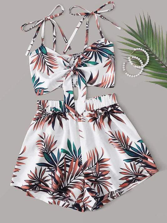 Spring Popular Holiday Print Elegant Two-piece Set Suspender Sleeveless Top High-waisted Shorts