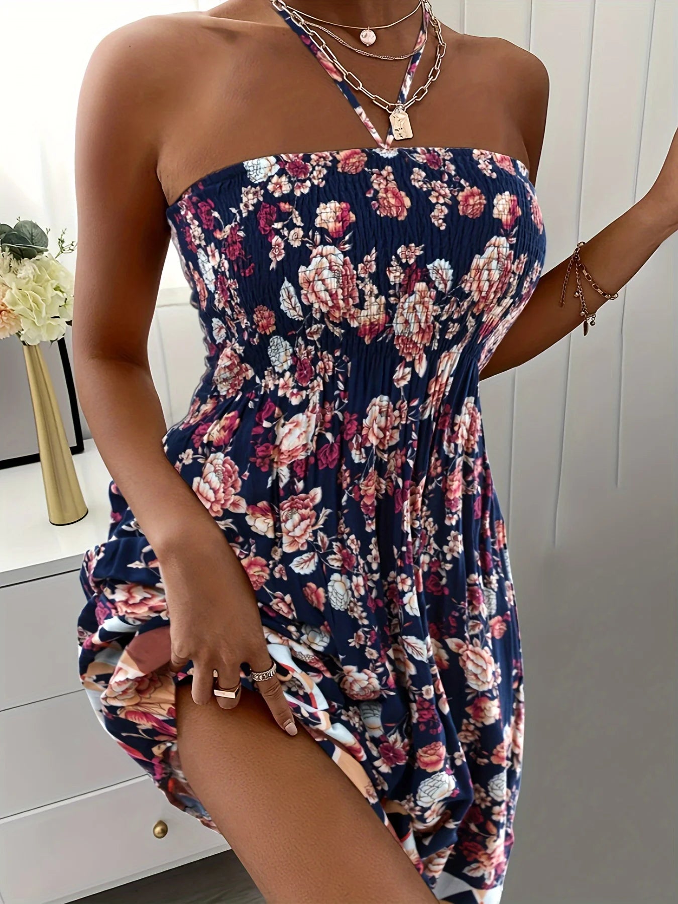 Plus Size Women Boho Flower Printed Dress Women's Strap Neck Casual Vacation Dress